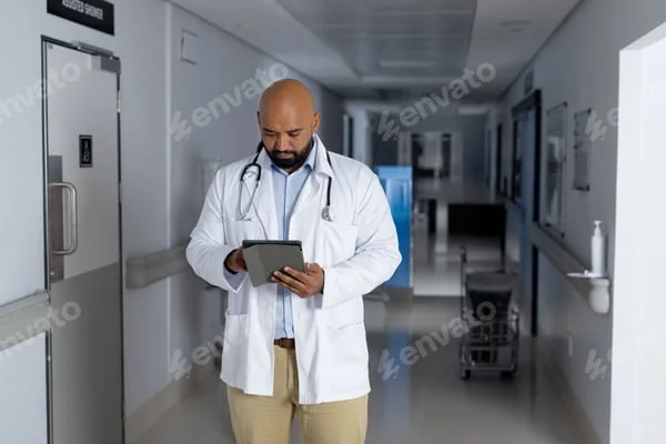 Clinician reviewing a tablet in a hospital corridor