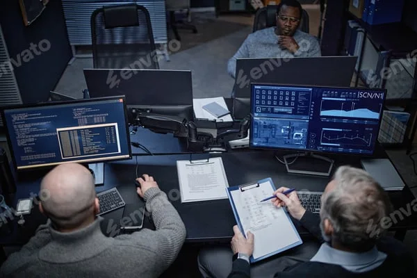 IT team reviewing data on screens