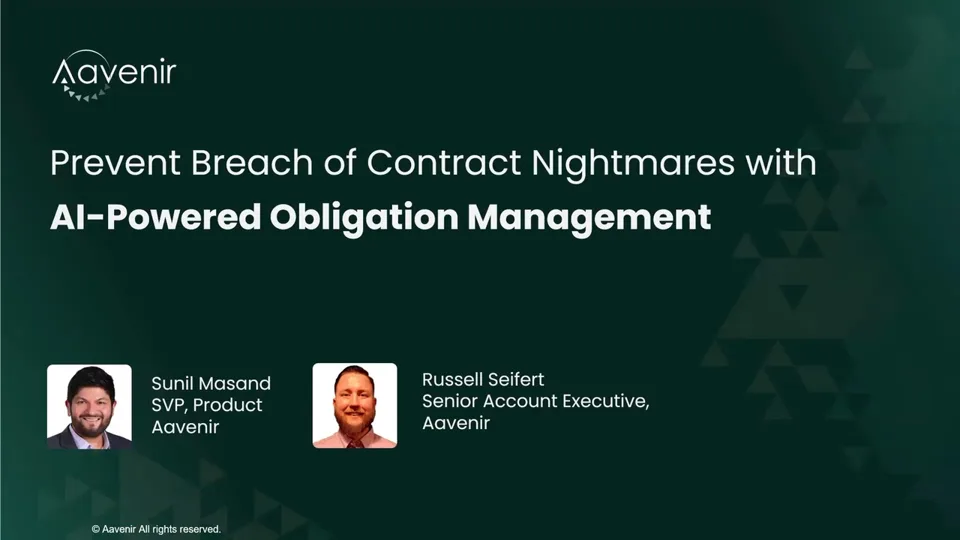 Webinar title slide: Prevent breach of contract nightmares with AI-powered obligation management